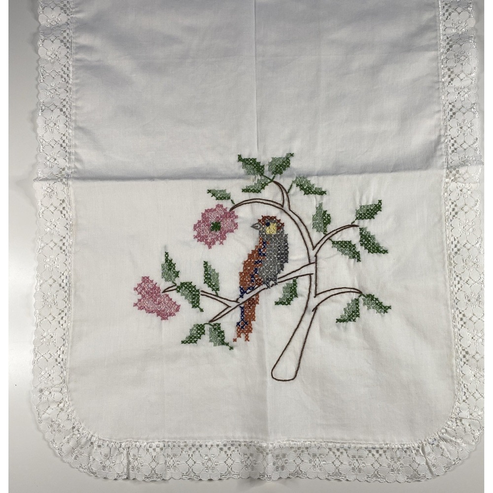 Vintage Hand Embroidery Table Runner Floral Bird Linen Runner 40"x16"